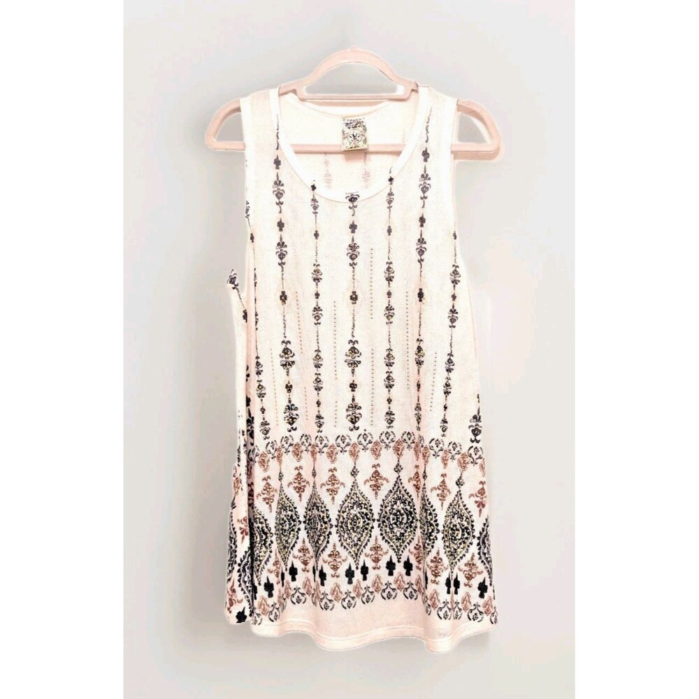 Vocal Apparel Boho Tunic Tank Dress Sz XL Embellished Rhinestones Linen Blue NEW